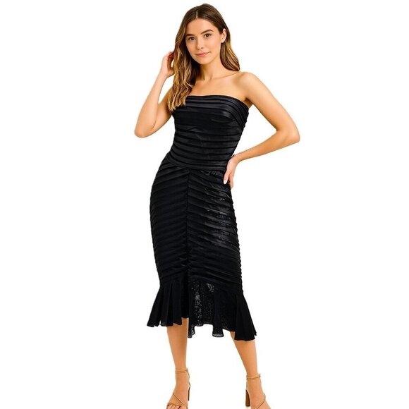 JS Collections Dresses & Skirts - JS Collection Black Strapless Ruched Bodycon Midi Dress – Size Small (EST)